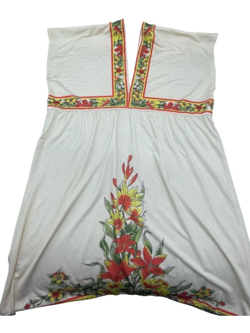 Karen T dress v neck floral border knee high polyester blend white medium READ